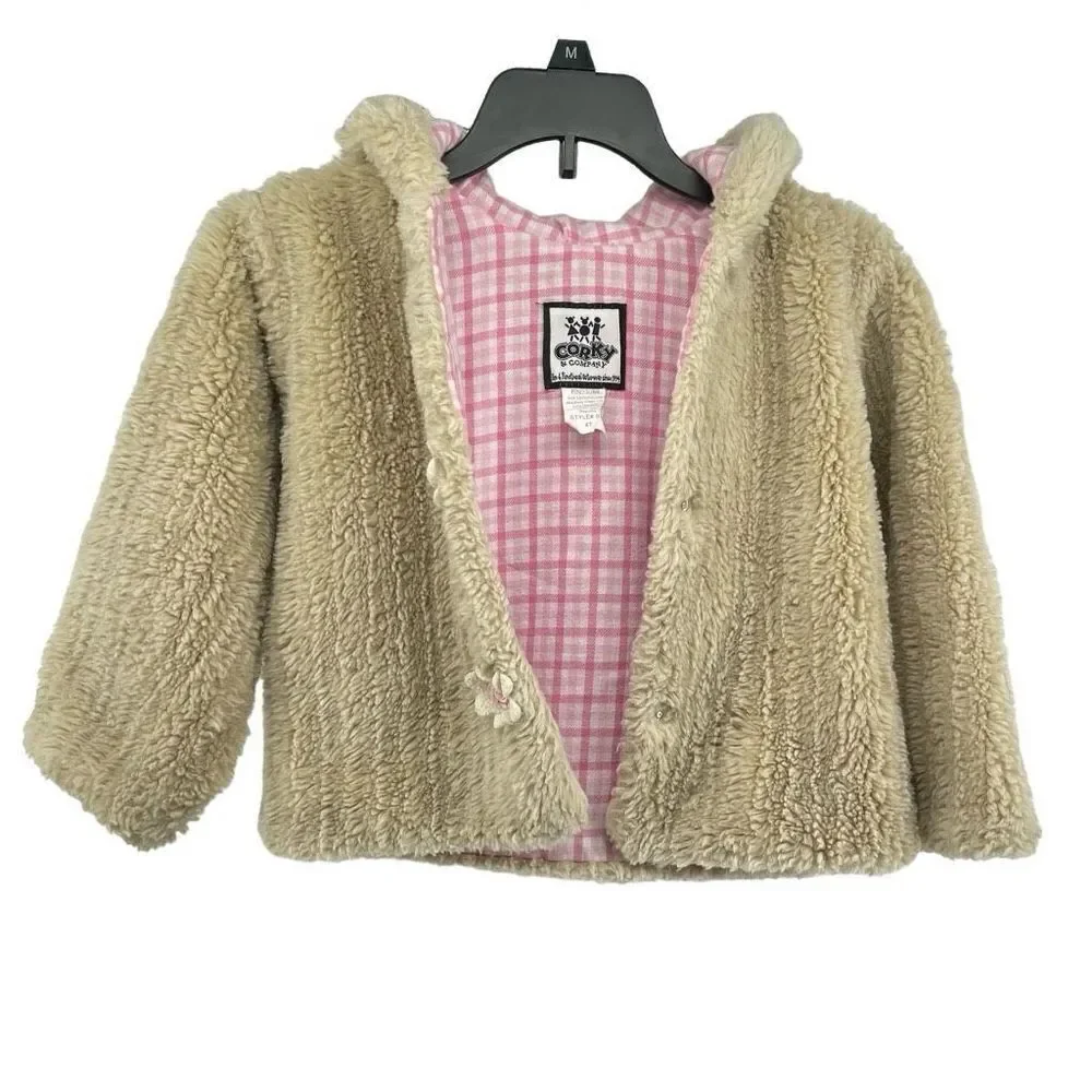 Corky & Company Toddler Girl’s Tan Plush Faux Fur Snap Front Hooded Coat 4T